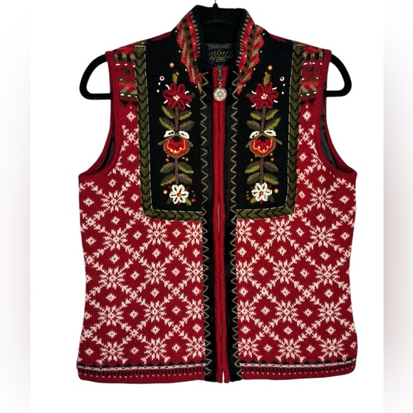 Icelandic Designs Wool Red Floral Knit Sweater Vest Size Small - Picture 1 of 14